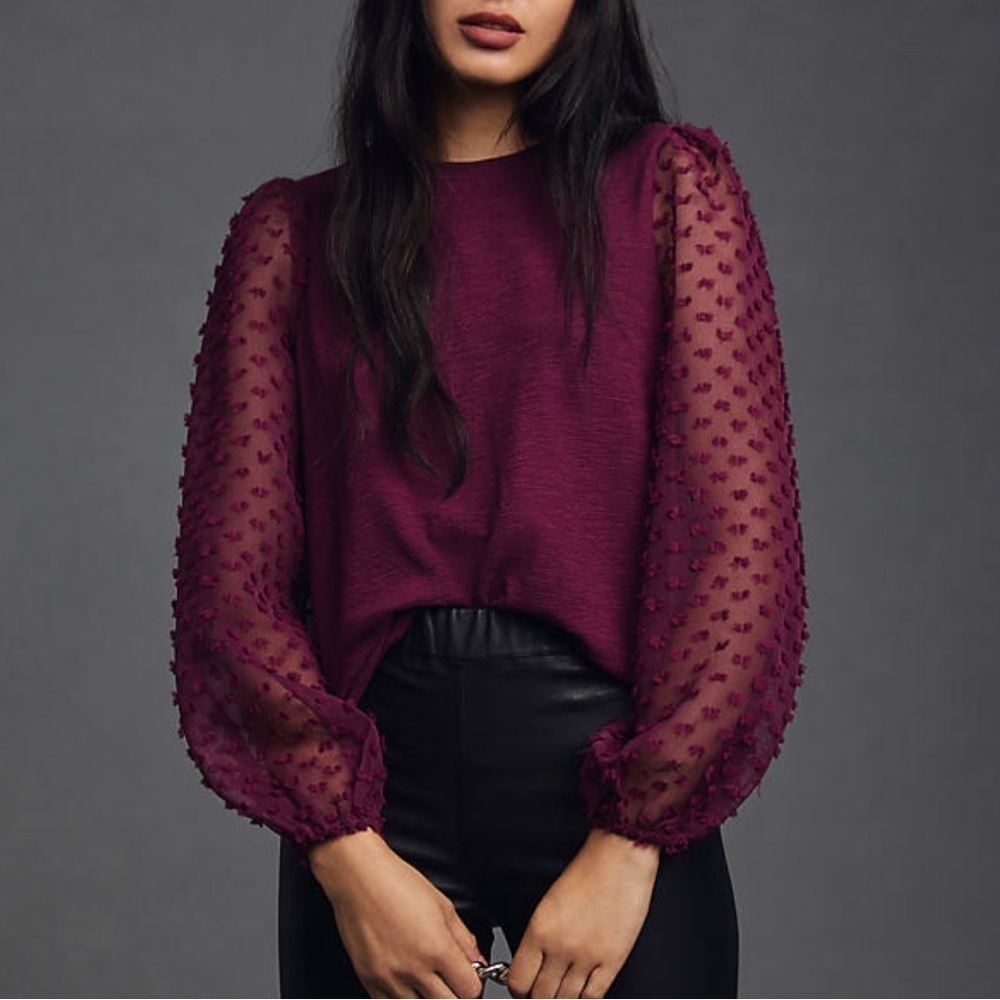 Maeve by Anthropologie Purple Semi Sheer Puffed Textured-Sleeve Top size Small